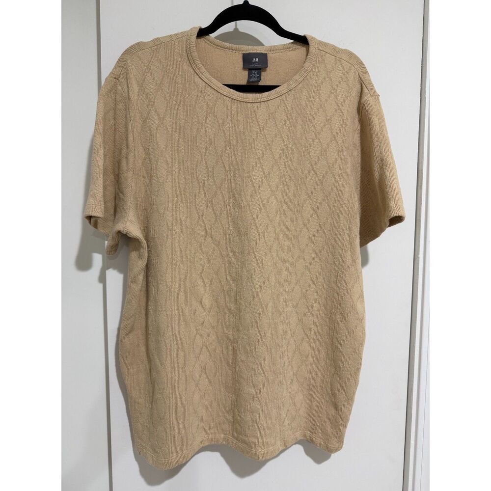 H&M Beige Tan Diamond Textured Knit Short Sleeve Sweater T-Shirt Size XL